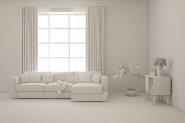 Grey interior desigh concept with furniture. 3D illustration