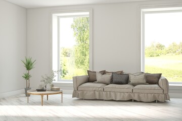 Bright interior design with modern furniture and summer landscape in window. 3D illustration