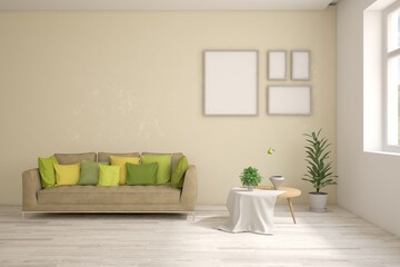 White living room with sofa. Scandinavian interior design. 3D illustration