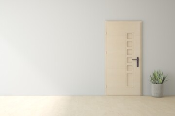 White empty room with wooden door. Scandinavian interior design. 3D illustration