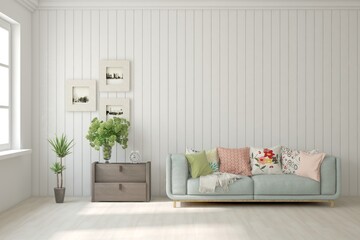 White living room with sofa. Scandinavian interior design. 3D illustration