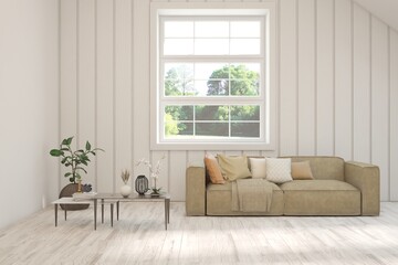 Modern interior concept with sofa and summer landscape in window. 3D illustration