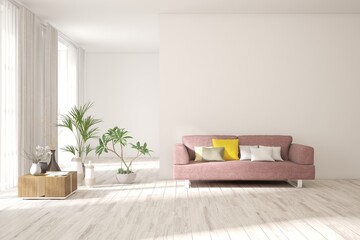 White living room with sofa. Scandinavian interior design. 3D illustration