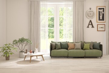 Bright interior design with modern furniture and summer landscape in window. 3D illustration
