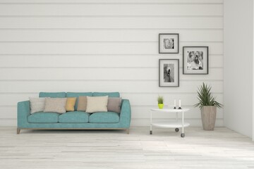 White living room with sofa. Scandinavian interior design. 3D illustration