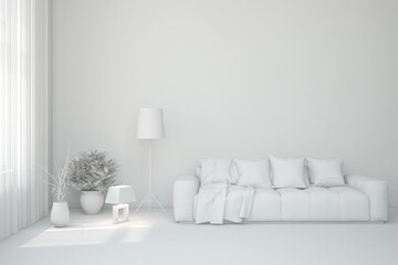 Grey interior desigh concept with furniture. 3D illustration