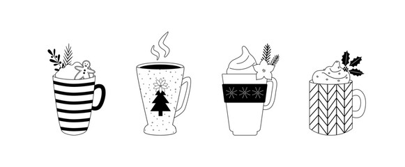Linear mugs with winter hot drinks. Doodles. Coffee, chocolate, whipped cream, cocoa. Christmas and New Year cups. Line art. Coloring book.