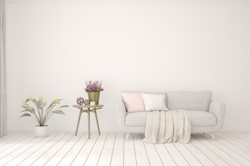 White scandinavian interior design with sofa. 3D illustration