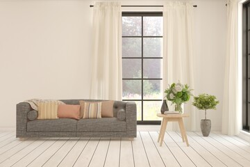 White modern interior design with sofa. Scandinavian interior design. 3D illustration