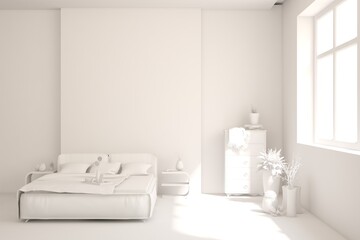 Grey lbedroom concept. Scandinavian interior design. 3D illustration