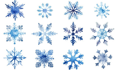 Set of cartoon aquarel snowflakes for greeting card or stickers. Beautiful set blue snowflakes. New year design elements, frozen symbol. Snowflakes, Christmas snow, blizzard. Watercolor illustration. - obrazy, fototapety, plakaty