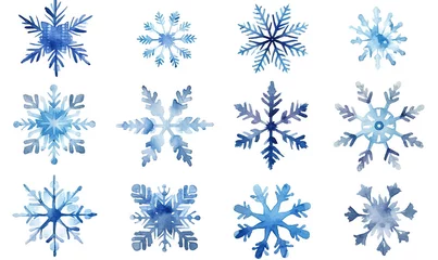 Fototapeten Set of cartoon aquarel snowflakes for greeting card or stickers. Beautiful set blue snowflakes. New year design elements, frozen symbol. Snowflakes, Christmas snow, blizzard. Watercolor illustration. © pijav4uk