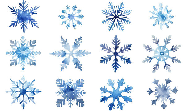 Set of cartoon aquarel snowflakes for greeting card or stickers. Beautiful set blue snowflakes. New year design elements, frozen symbol. Snowflakes, Christmas snow, blizzard. Watercolor illustration.