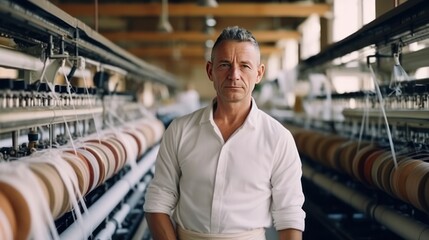 Serious middle aged Caucasian man working on a fabric production line. It configures the operation of the conveyor. Labor automation in light industry as the key to business success.