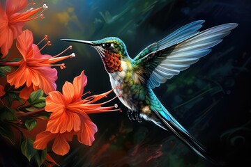 Koliber zbierający pyłek z kwiatów.  - obrazy, fototapety, plakaty