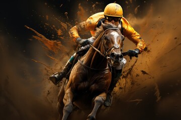 Jeździec konny. Jockey na koniu jadącym po torze wyścigowym. 