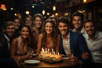group of young people celebrating birthday with cake and candles in cafe