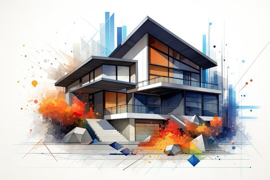 Nowoczesny dom rodzinny z wykresem giełdowym w tle. 