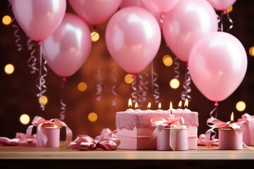 party, balloons  ,birthday cake with candles ,happy birthday pink background