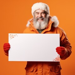 Man with winter clothes holds custom Christmas sign