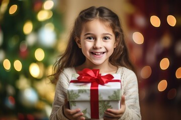 Fototapeta na wymiar Happy girl holding a gift at Christmas