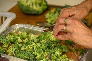 woman cutting broccoli into chicken fillet for baking 1