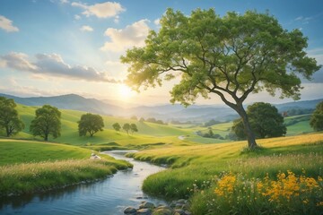 Fototapeta na wymiar Tranquil Vistas: The Artistry of Countryside Serenity 4K wallpaper