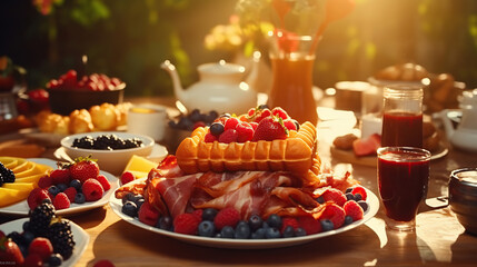 Breakfast table with waffles, bacon, breakfast sausage, croissants and berries. - obrazy, fototapety, plakaty