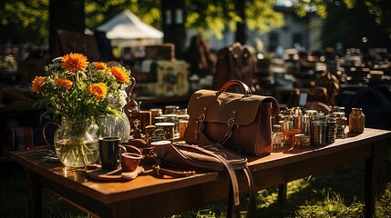 Garage Sale, Vintage and Used Goods on Display at an Afternoon Flea Market on the Greensward - A Treasure Hunt for Antique and Retro Collectibles

