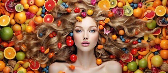 In a concept of isolated fashion a girl with flawless makeup and beautiful hair is portrayed against a white background surrounded by vibrant colors of food representing health and happines