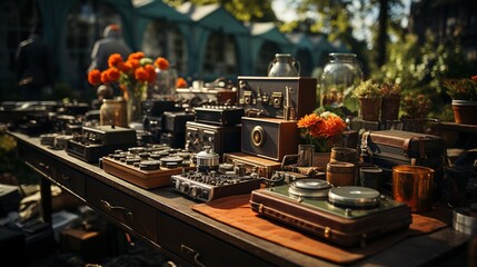 Garage Sale, Vintage and Used Goods on Display at an Afternoon Flea Market on the Greensward - A Treasure Hunt for Antique and Retro Collectibles
