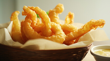 Cooked tempura shrimp in a basket with dipping sauce.