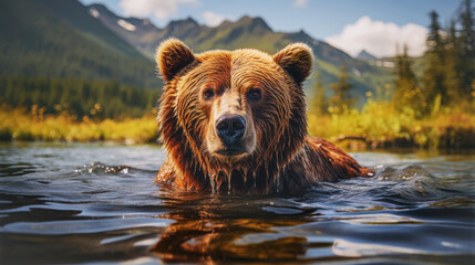 grizzly bear swimming in the river. Generative AI - obrazy, fototapety, plakaty