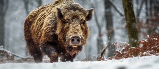 In Europe during the winter season the brown boar also known as Sus scrofa roams freely in the wild This big majestic animal thrives in the snowy forests showcasing the beauty of nature and 