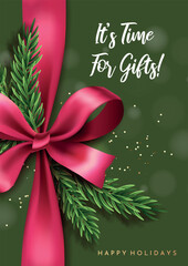 Holiday Christmas card with pink bow and Christmas tree branches on a green background. New Year card, card or flyer.