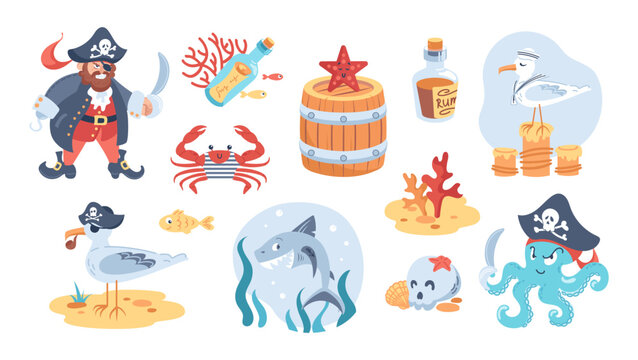 Childrens pirate set. Set of cartoon characters. Ship captain with hook and cocked hat. Octopus with a saber. Shark and seagull sailors, crab in vest, skull, barrel and starfish. Bottle, rum, corals