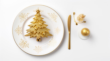A festive table setting with Christmas tree in the center of a white plate adorned with golden...