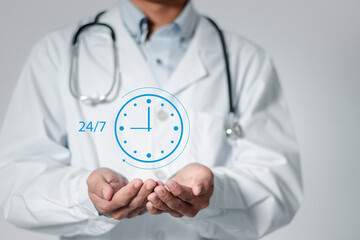 Doctor show clock with 24-7 for providing patient service 24 hours a day. Assist patients with...