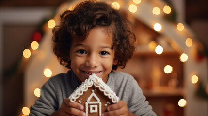 Naklejka premium A joyful boy holding a decorated gingerbread house with a big smile, surrounded by Christmas lights and festive decorations in a cozy indoor setting.