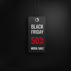 Black friday sale. Realistic price tag image. Black label on a black background. Special offer or shopping discount label. Sale, 50% discount, big discounts. Vector image.