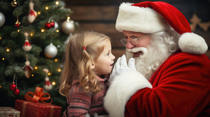 Fototapeta na wymiar A young child is sharing a secret with a cheerful Santa Claus against a backdrop of a decorated Christmas tree and presents, encapsulating a magical holiday moment.