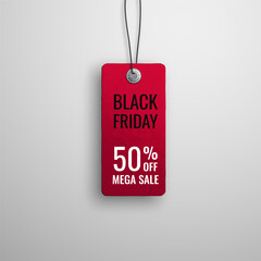 Black friday sale. Realistic price tag image. Red label on a white background. Special offer or shopping discount label. Sale, 50% discount, big discounts. Vector image.