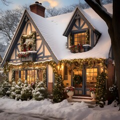 Christmas house in the snow. Christmas and New Year holidays concept.