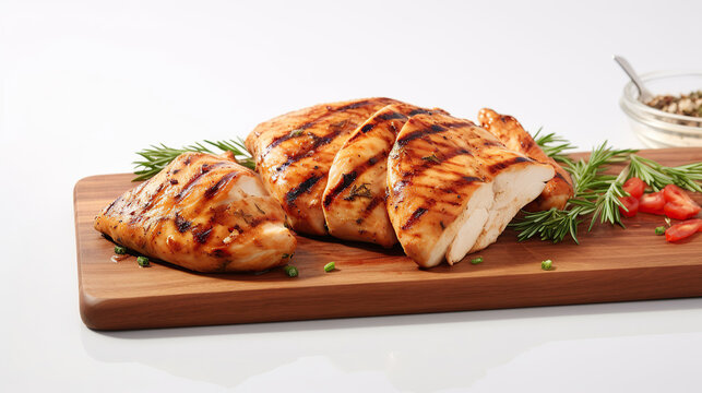 Grilled chicken breast, whole and sliced on a cooking board.