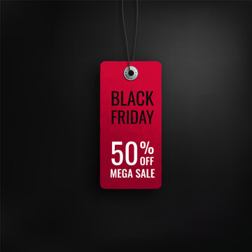 Black friday sale. Realistic price tag image. Red label on a black background. Special offer or shopping discount label. Sale, 50% discount, big discounts. Vector image.