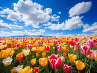 Foto op Canvas A Vibrant Tapestry of Color: Tulips Dancing in a Blue Sky. A field full of colorful tulips under a blue sky © AI Visual Vault