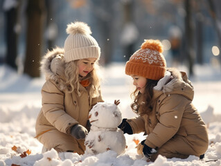 deux jeunes enfants jouant dans la neige en hiver, ils construisent ensemble un bonhomme de neige