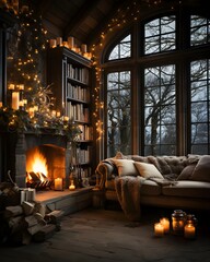 Cozy living room with fireplace and christmas tree. Cozy winter evening.