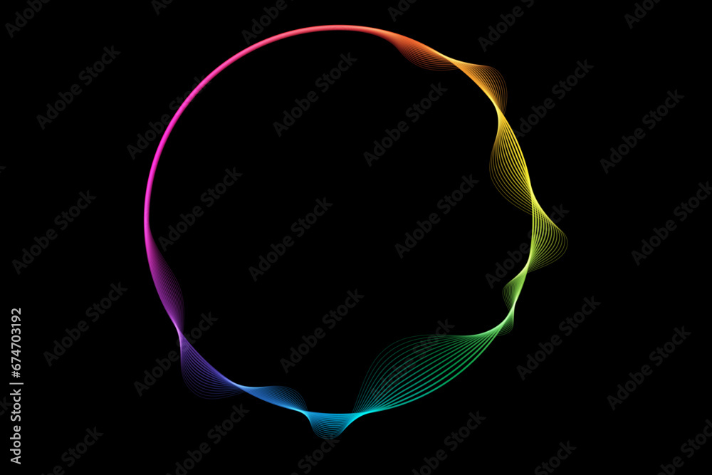 Fototapete Vector abstract circles lines wavy in round frame colorful rainbow isolated on black background with empty space for text