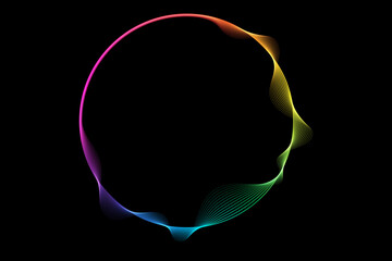 Vector abstract circles lines wavy in round frame colorful rainbow isolated on black background with empty space for text - obrazy, fototapety, plakaty